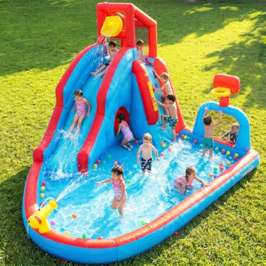 Kids Outdoor House - 裏庭用屋外ウォータースライダー付きインフレータブルバウンスハウスパーク（子供用）：PVC素材、青と黄色、クライミングウォール付き、ロングスライダー