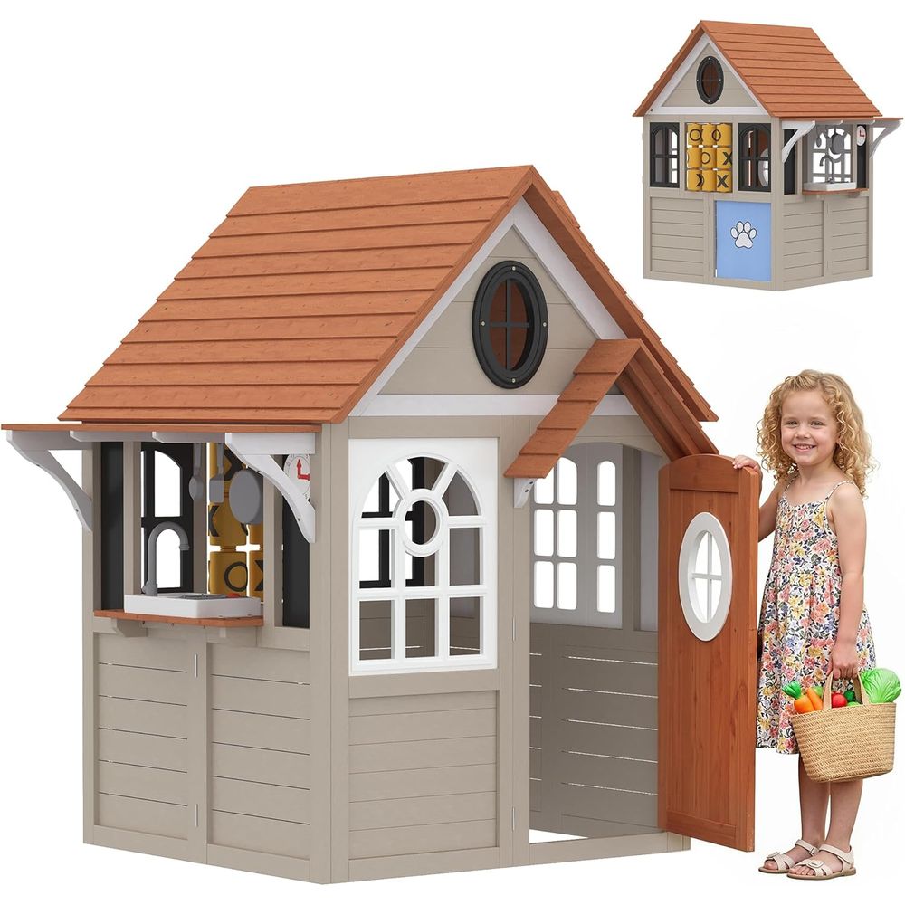 Qaba Kids Outdoor Playhouse - Qaba アウトドアプレイハウス 木製キッズプレイハウス 犬用扉付き 対象年齢2歳以上 グレー