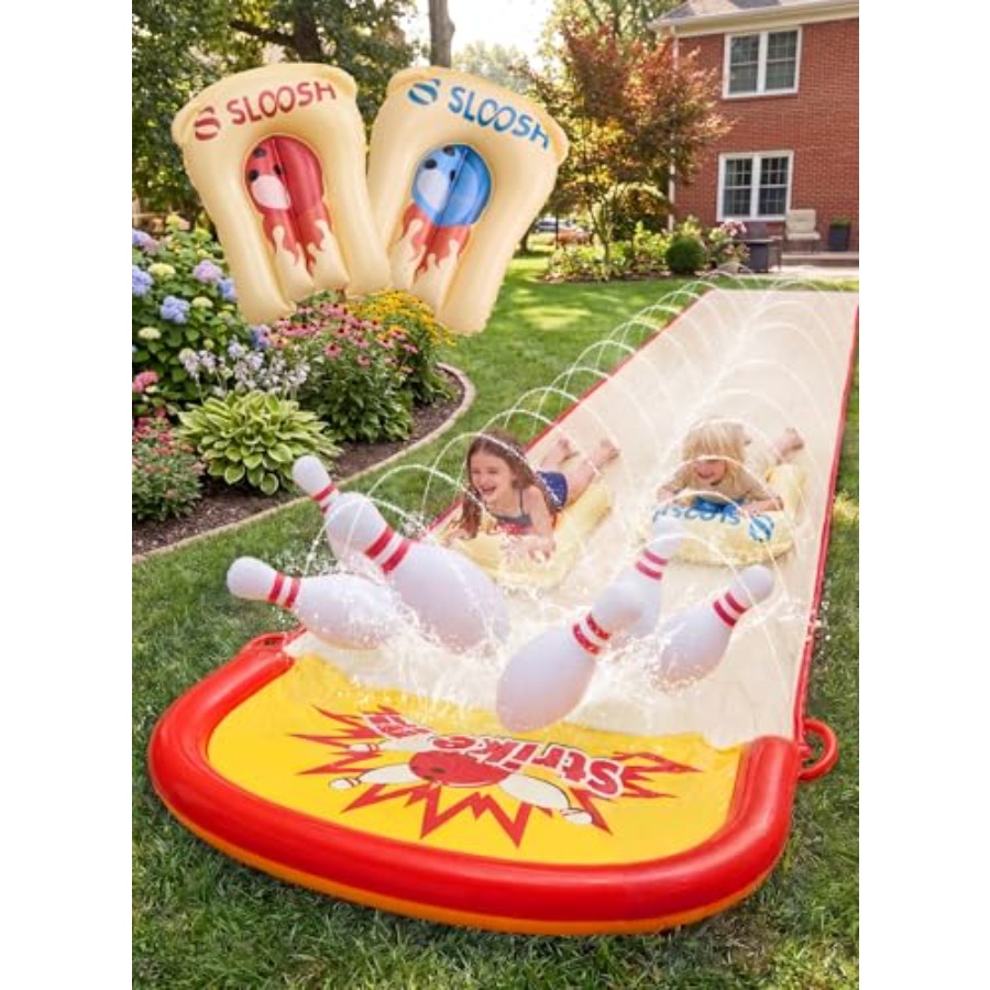 Kids Outdoor Slide Set - 子供向け裏庭屋外遊び：20フィートの芝生用ウォータースライドボーリングゲームセット、PVC素材、青と黄色、内蔵スプリンクラー付き