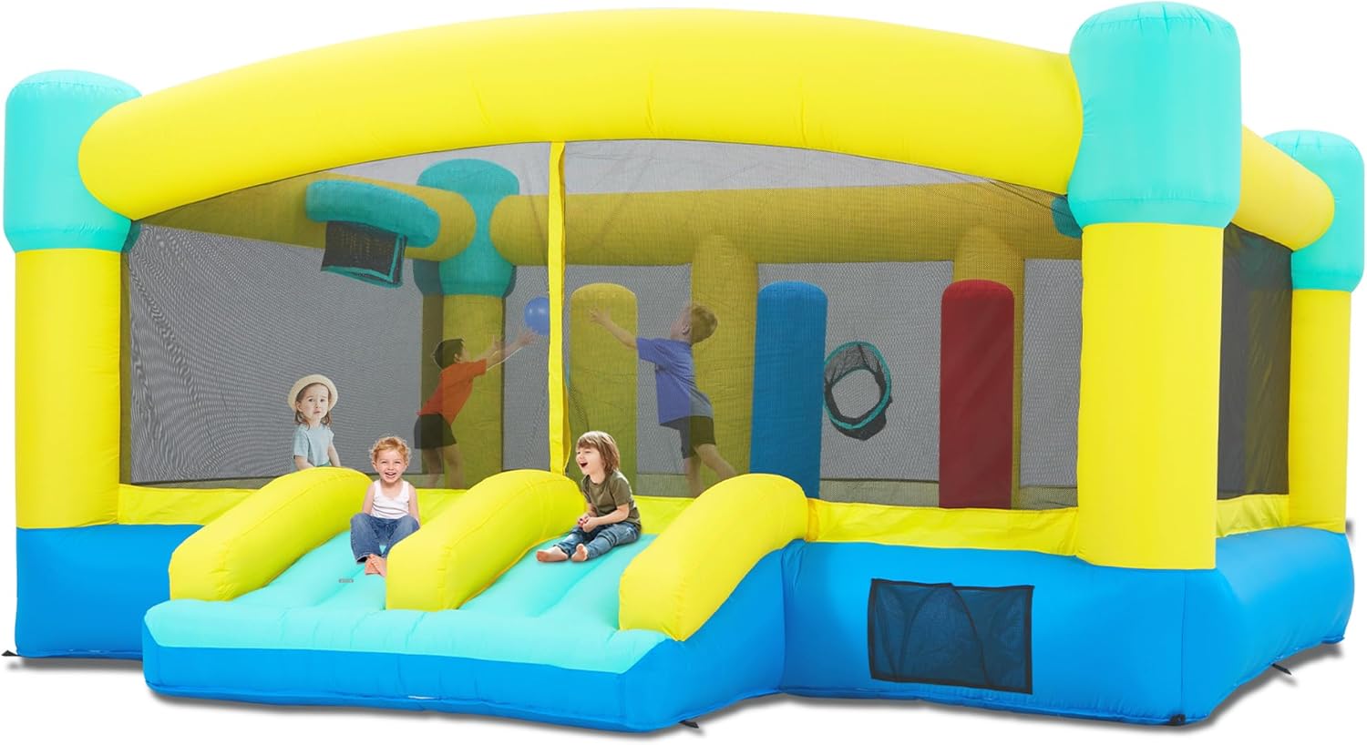Kids Outdoor House - 大型バウンスハウス、15 x 14.8フィートの子供用インフレータブルバウンスキャッスル（3～12歳向け） | 屋外/屋内兼用送風機付きバウンスハウス、滑り台、障害物付き