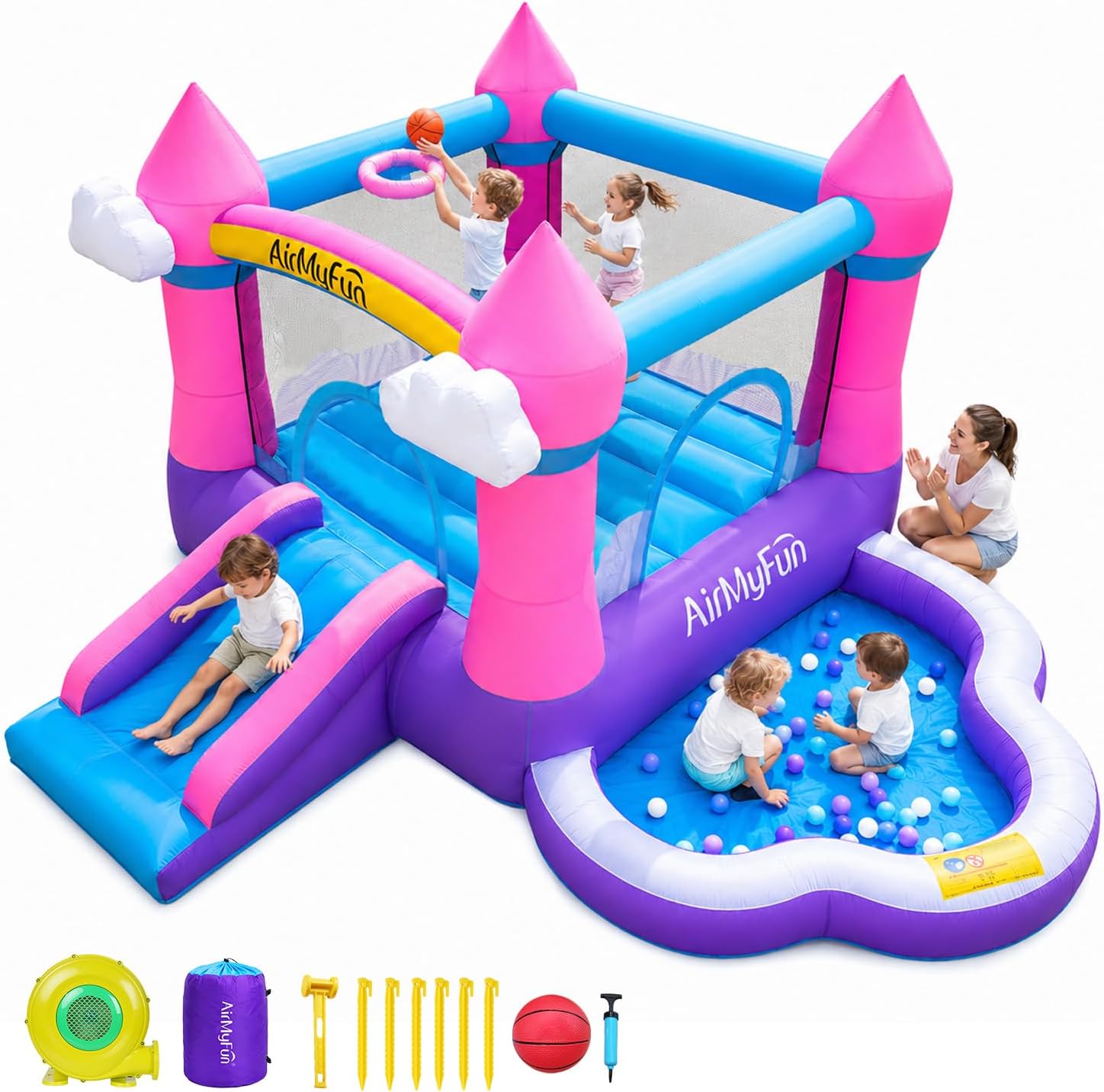 Kids Outdoor House - ピンクの屋内外兼用インフレータブルバウンスハウス（3～8歳向け）- スライド、送風機、水プール、ボールピット付きのバウンシーキャッスル