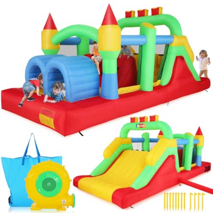 Kids Outdoor House - 裏庭用屋外インフレータブルバウンスハウス障害物コース、3～6歳と8～12歳のお子様向け、PVC素材、青と赤の色、特大サイズ