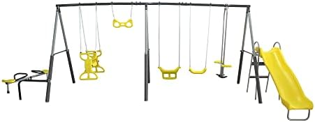 Kids Outdoor Slide Set - サンプレイグラウンド メタルA Fe キッズスイングセット 屋外裏庭プレイセット付き スライド、シーソー、グライダー、スイング付き