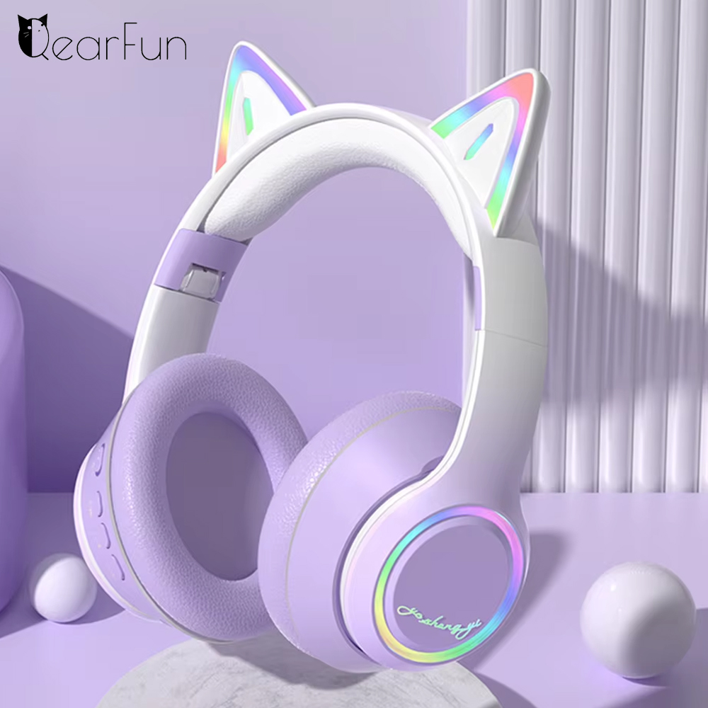 Kids Outdoor Music - RGB 猫耳 Bluetooth ヘッドフォン女の子のためのグラデーションワイヤレスヘッドフォンマイク付きステレオ音楽ゲームイヤホンキッズギフト