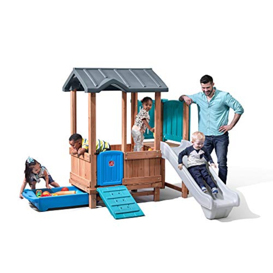 Kids Outdoor Slide Set - ウッドランドアドベンチャー プレイハウス＆スライド、子供用屋外遊具セット、裏庭遊具セット、ブランコ、収納引き出し、木製＆耐久性素材製