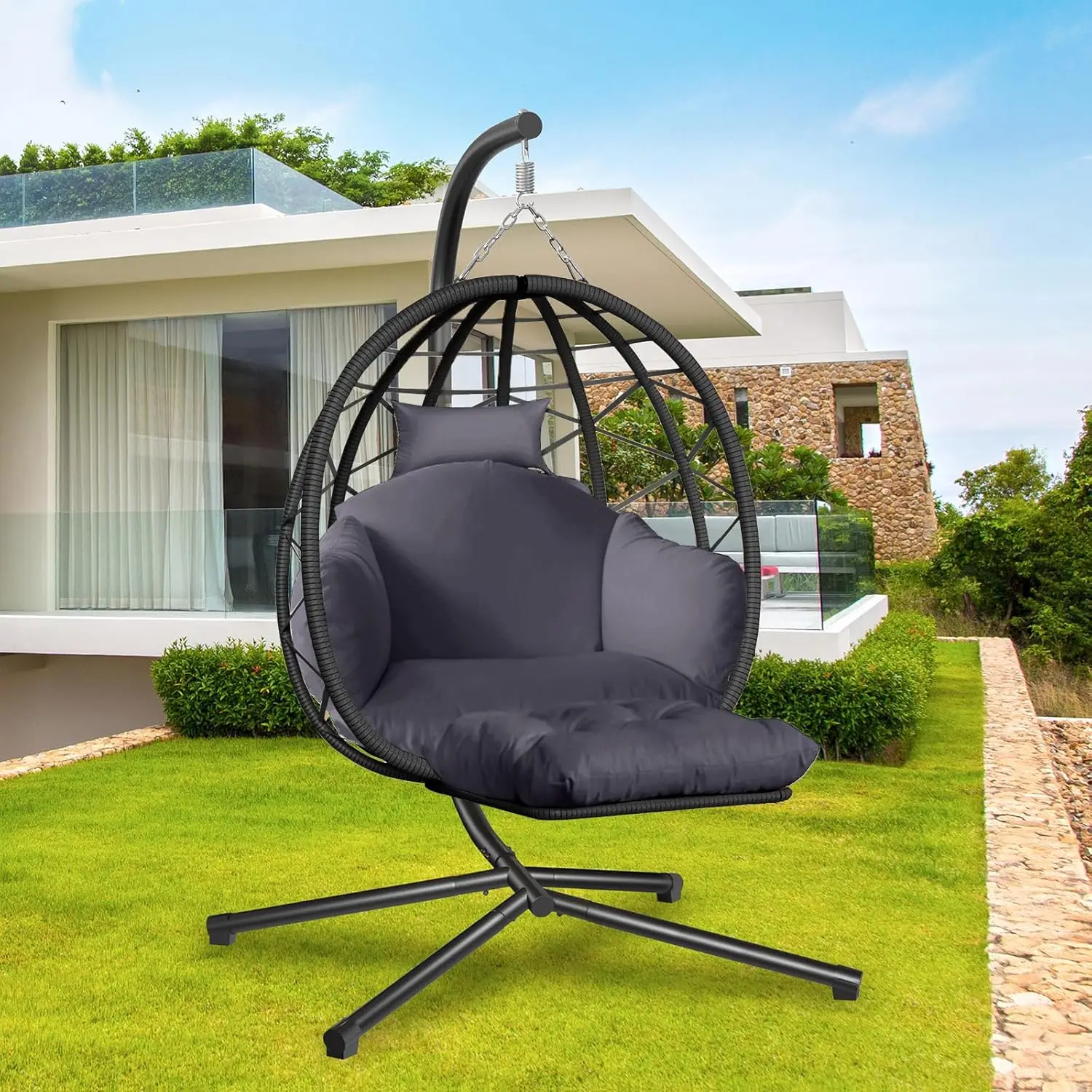 Kids Outdoor Egg Chair - 吊り下げ式エッグチェア スタンドとレッグレスト付き 屋内外兼用スイング ラタン製 UV耐性クッション付き 子供やお母さんへのプレゼント