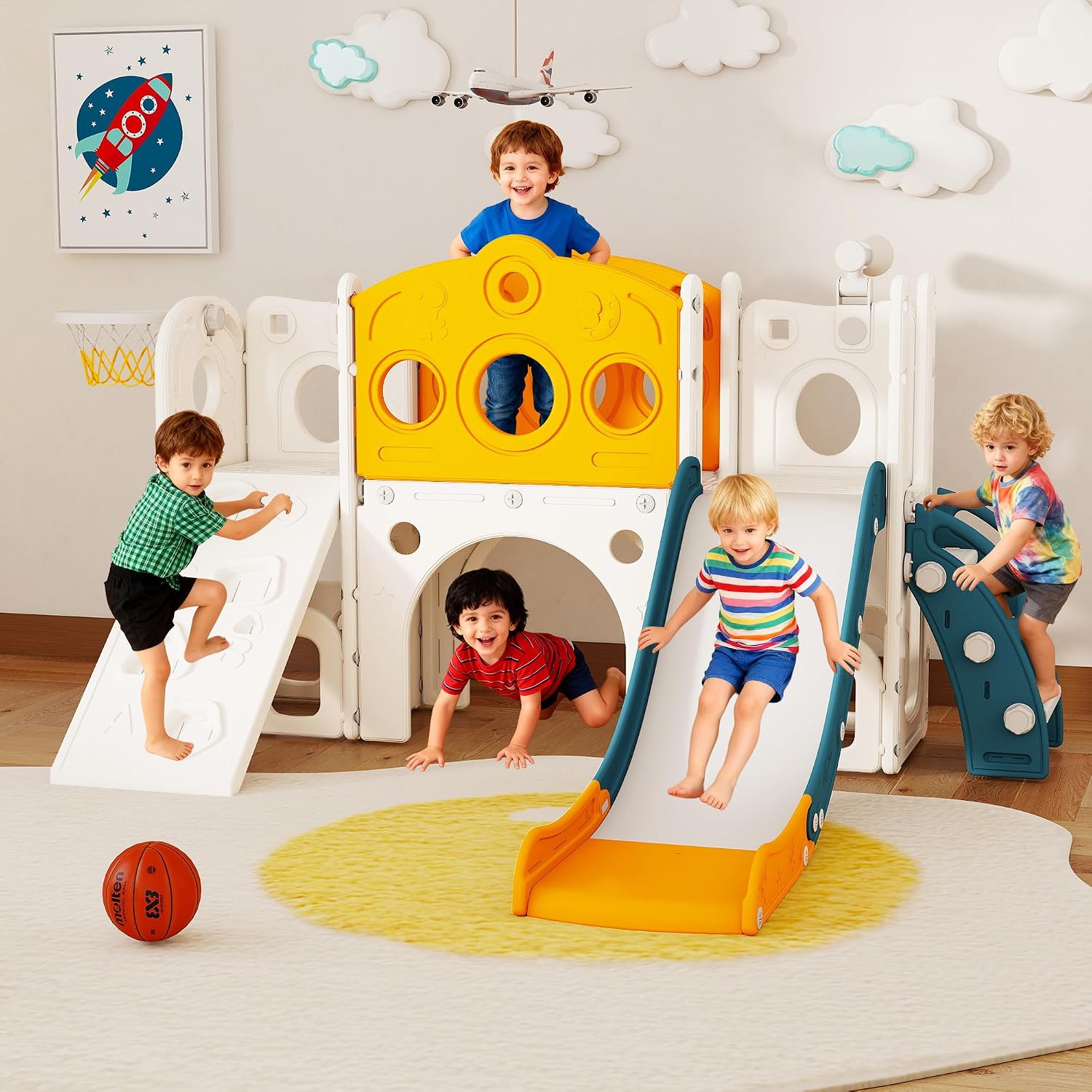 Kids Outdoor Slide Set - 9 in 1幼児用滑り台セット、屋内外で遊べる子供と赤ちゃん向け遊具（1〜3歳）、クライミングボード、バスケットボールフープ付き