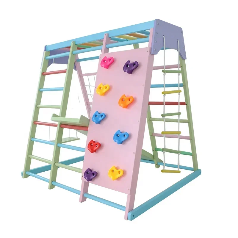 Kids Outdoor Slide Set - 子供用木製クライミングフレーム屋内セット、ブランコ、滑り台、ジャングルジム付き、家庭用および学校用屋外遊具