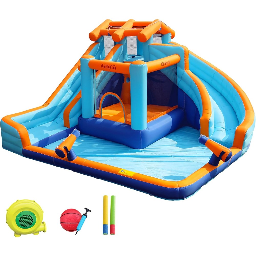 Kids Outdoor House - 大型ウォータースライダー付きバウンスハウス、スプラッシュプールとバスケットボールフープ付き、子供と大人のための屋外遊び用インフレータブルバウンスキャッスル