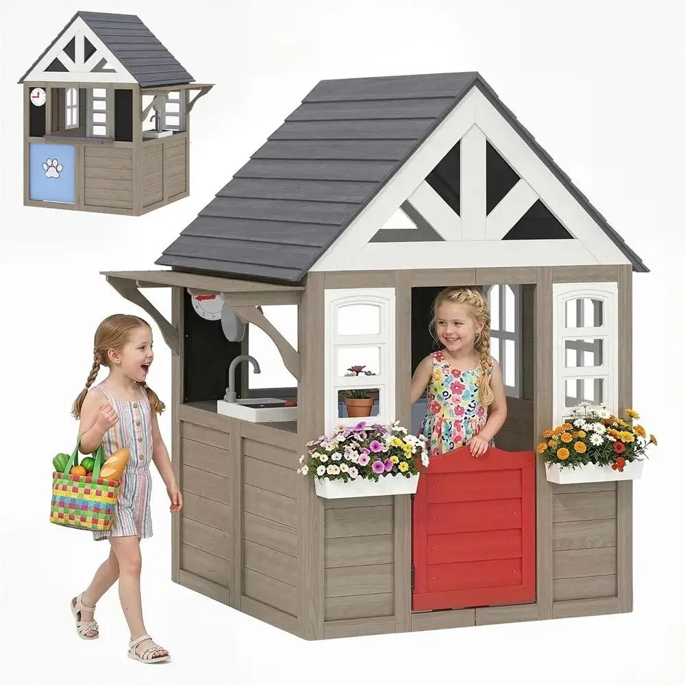 Qaba Kids Outdoor Playhouse - カバ屋外プレイハウス、犬用扉付き木製キッズプレイハウス、下部ボックス付きキッズコテージ、調理器具と窓付き、または裏庭の庭園用