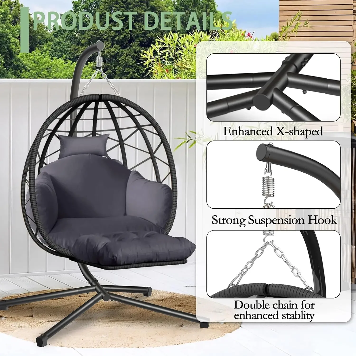 吊り下げ式エッグチェア、スタンドとレッグレスト付き、屋外/屋 - Kids Outdoor Egg Chair のレビューと価格