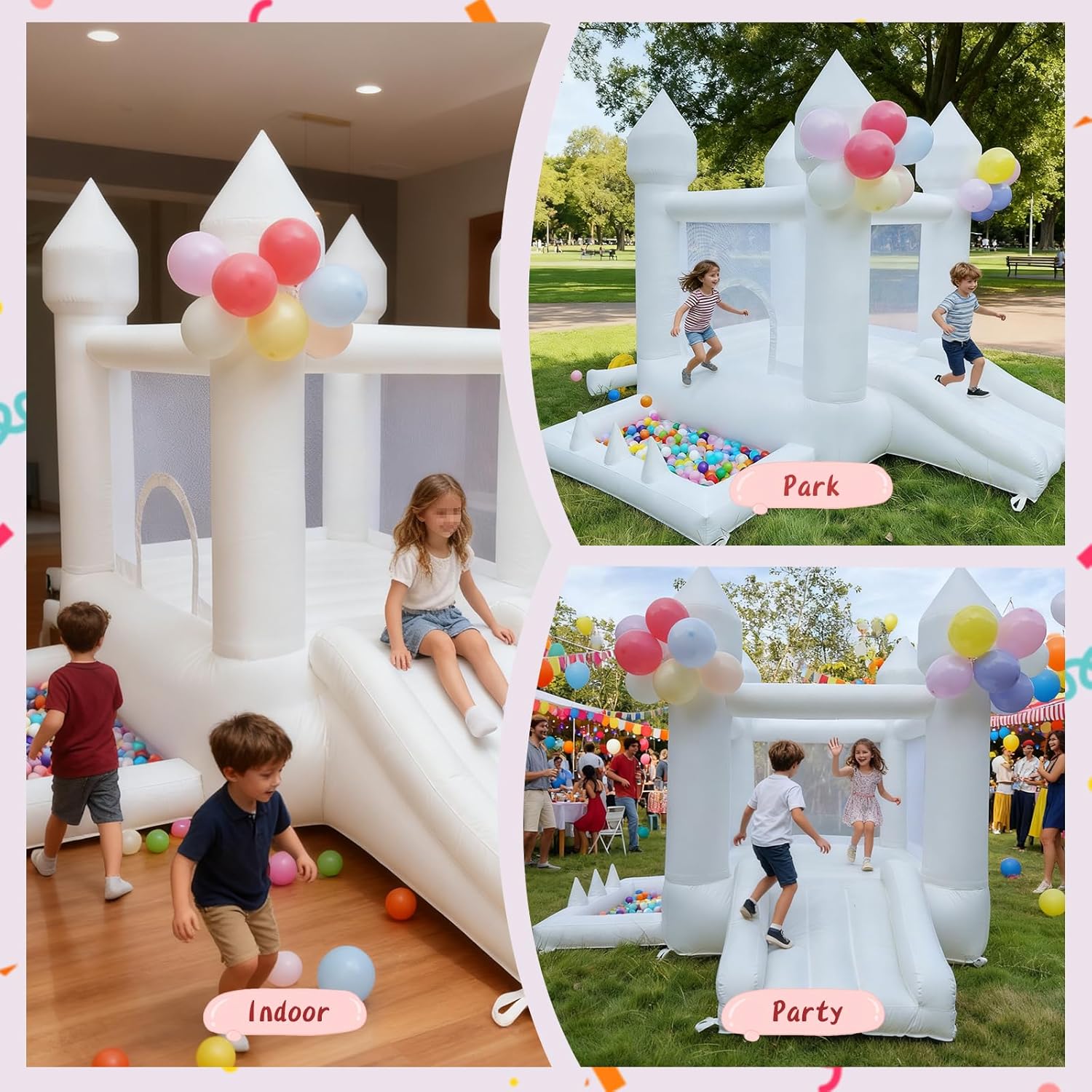 白いバウンスハウス、屋内および屋外用のインフレータブル遊具、 - Kids Outdoor House のレビューと価格