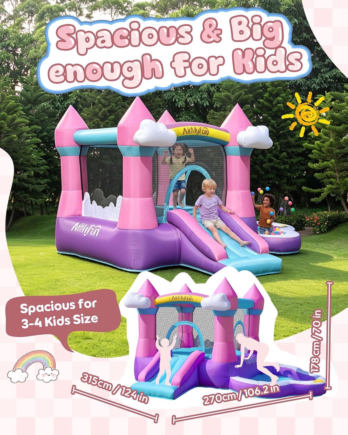 ピンクの屋内外兼用インフレータブルバウンスハウス（3～8歳向 - Kids Outdoor House のレビューと価格