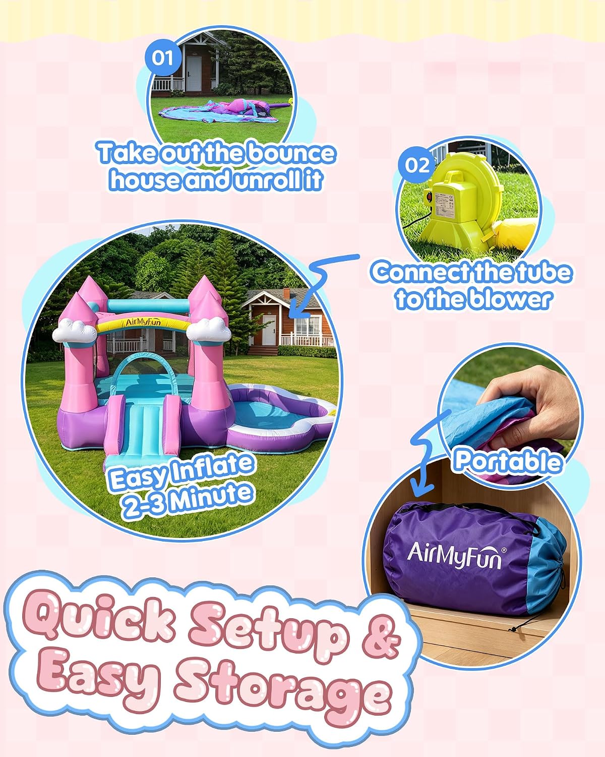 ピンクの屋内外兼用インフレータブルバウンスハウス（3～8歳向 - Kids Outdoor House のレビューと価格