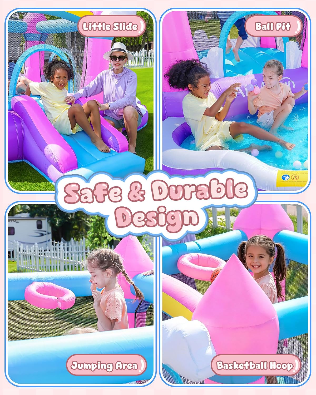 ピンクの屋内外兼用インフレータブルバウンスハウス（3～8歳向 - Kids Outdoor House のレビューと価格