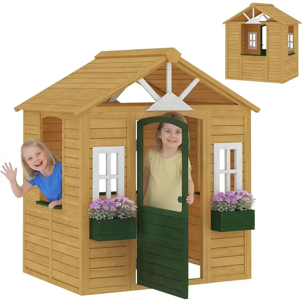 カバ屋外プレイハウス、木製キッズプレイハウス（開閉式ドア、3 - Qaba Kids Outdoor Playhouse のレビューと価格