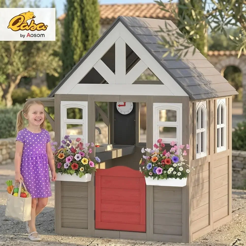 カバ屋外プレイハウス、犬用扉付き木製キッズプレイハウス、下部 - Qaba Kids Outdoor Playhouse のレビューと価格