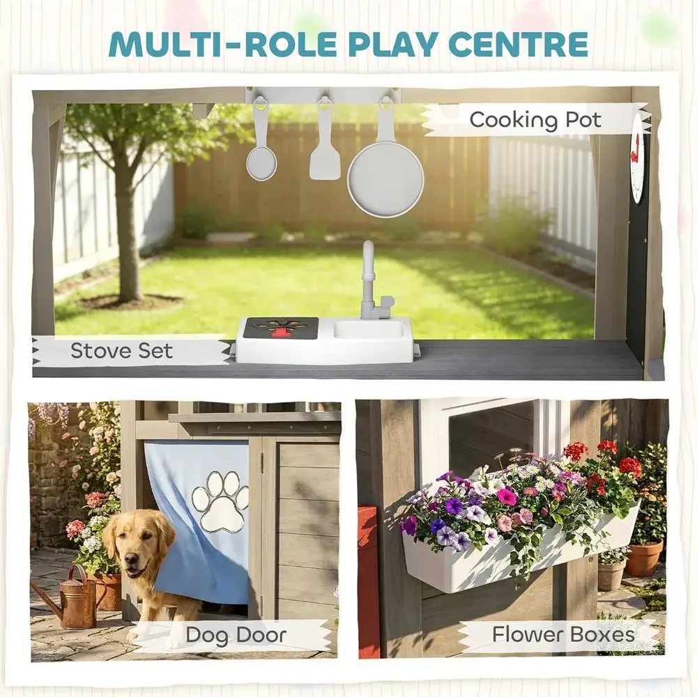 カバ屋外プレイハウス、犬用扉付き木製キッズプレイハウス、下部 - Qaba Kids Outdoor Playhouse のレビューと価格